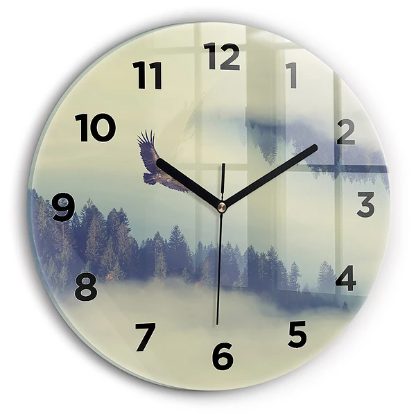 Wanduhr glas rund Nebliger Wald Adler
