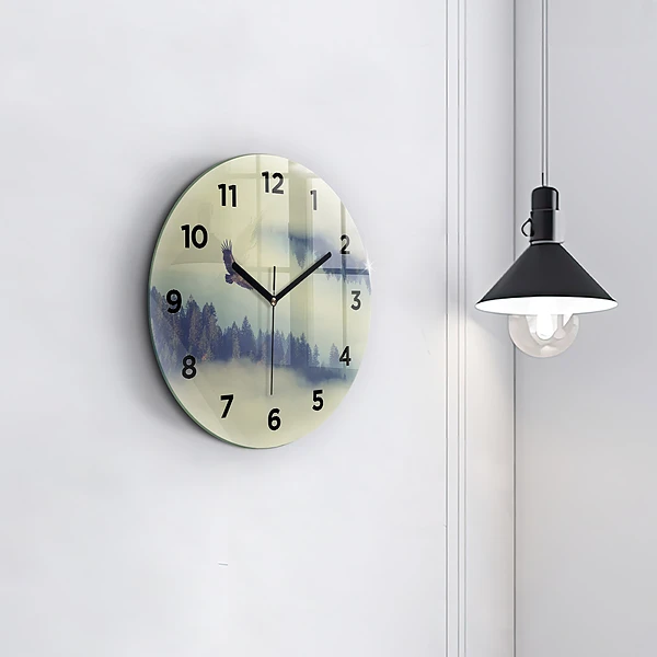 Wanduhr glas rund Nebliger Wald Adler