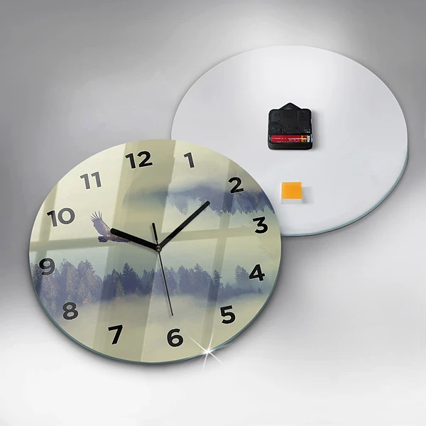 Wanduhr glas rund Nebliger Wald Adler
