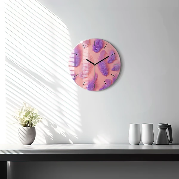 Wanduhr glas rund Bunte Federn