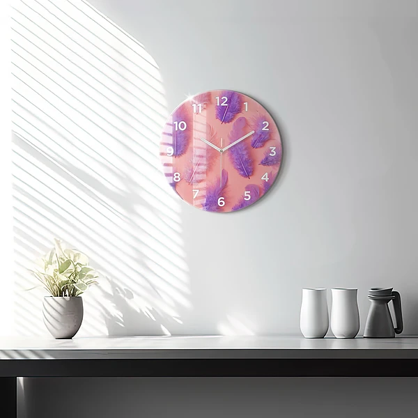 Wanduhr glas rund Bunte Federn