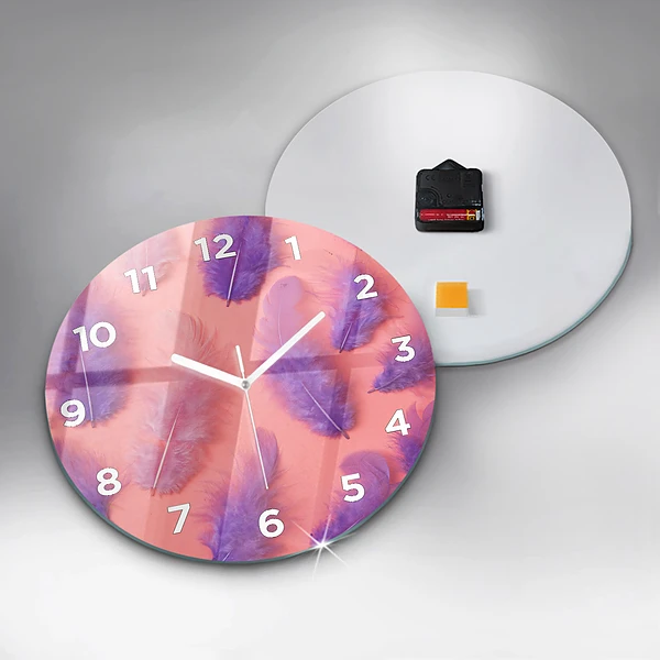 Wanduhr glas rund Bunte Federn