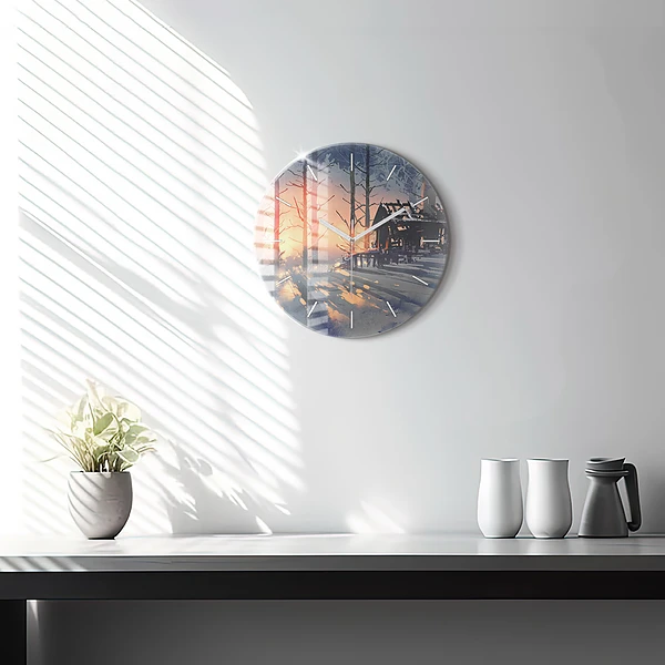 Wanduhr rund Winterlandschaft mit Bäumen