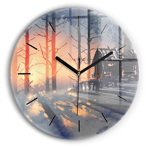 Wanduhr rund Winterlandschaft mit Bäumen