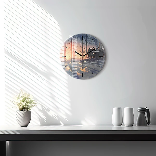 Wanduhr rund Winterlandschaft mit Bäumen