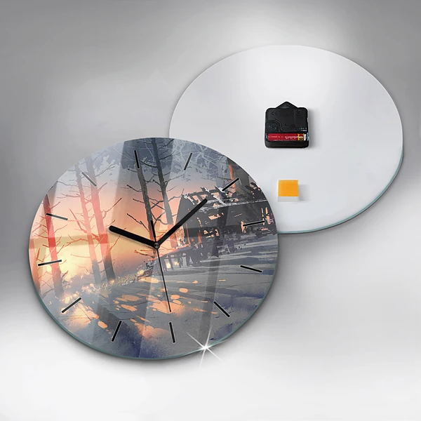 Wanduhr rund Winterlandschaft mit Bäumen