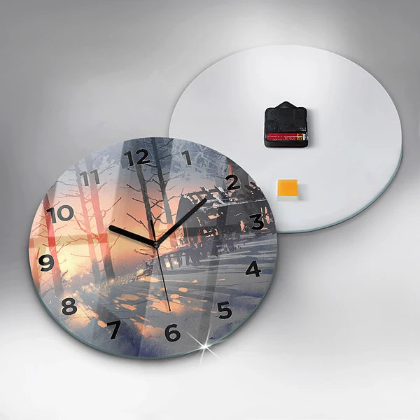 Wanduhr rund Winterlandschaft mit Bäumen
