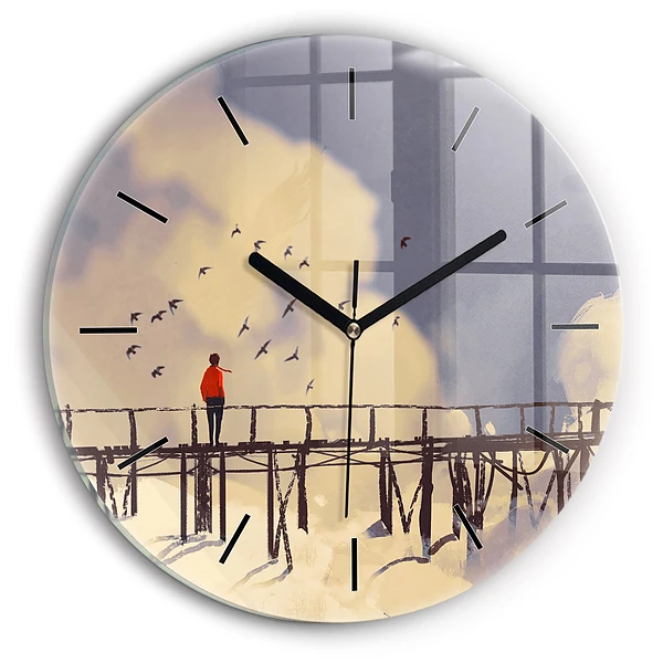 Wanduhr rund mit motiv Mann auf einer alten Brücke