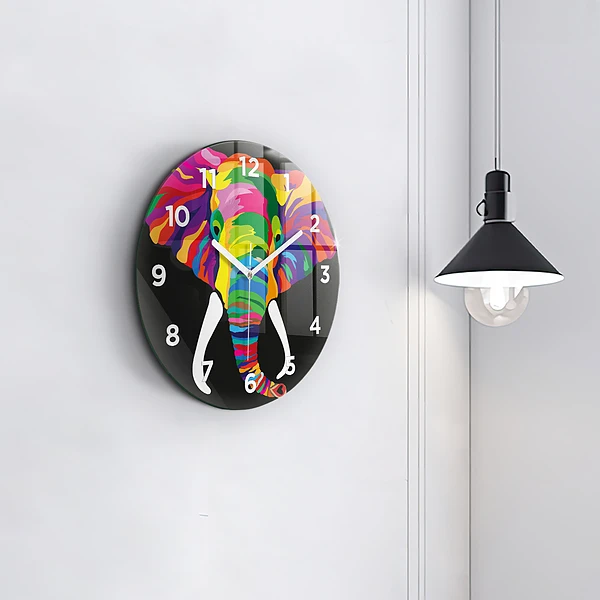 Wanduhr glas rund Gefärbter Elefant