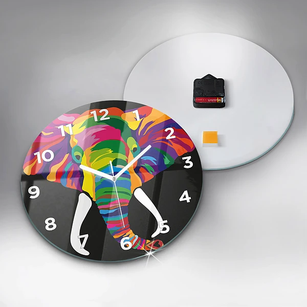 Wanduhr glas rund Gefärbter Elefant
