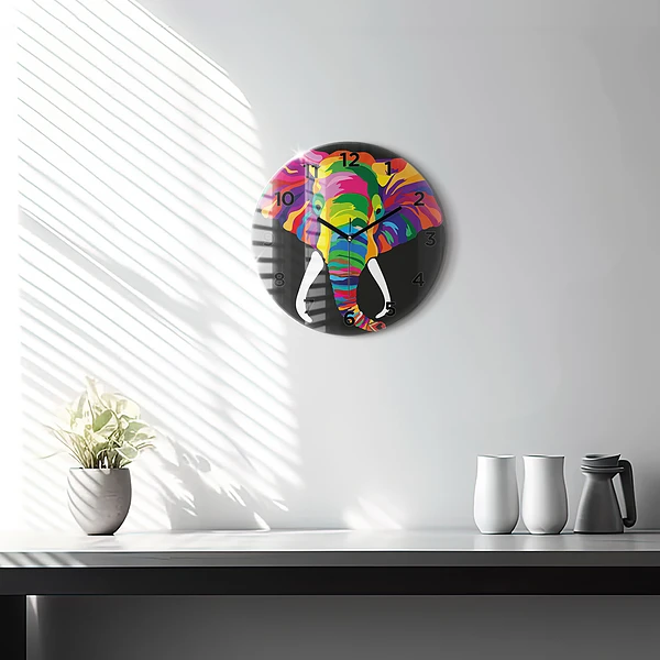 Wanduhr glas rund Gefärbter Elefant