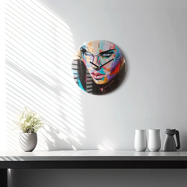 Wanduhr glas rund Porträt einer Frau
