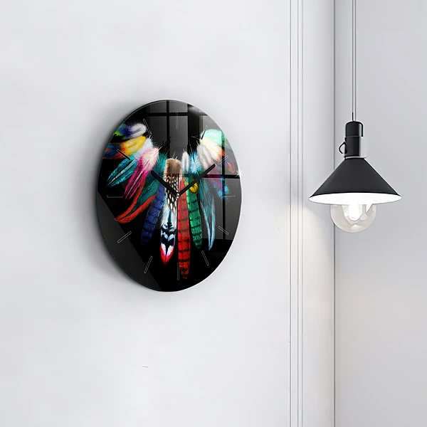 Wanduhr rund Bunte Vogelfedern