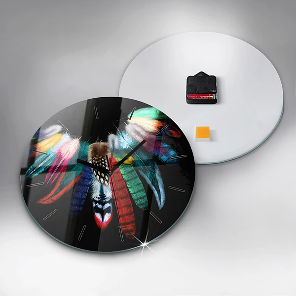 Wanduhr rund Bunte Vogelfedern