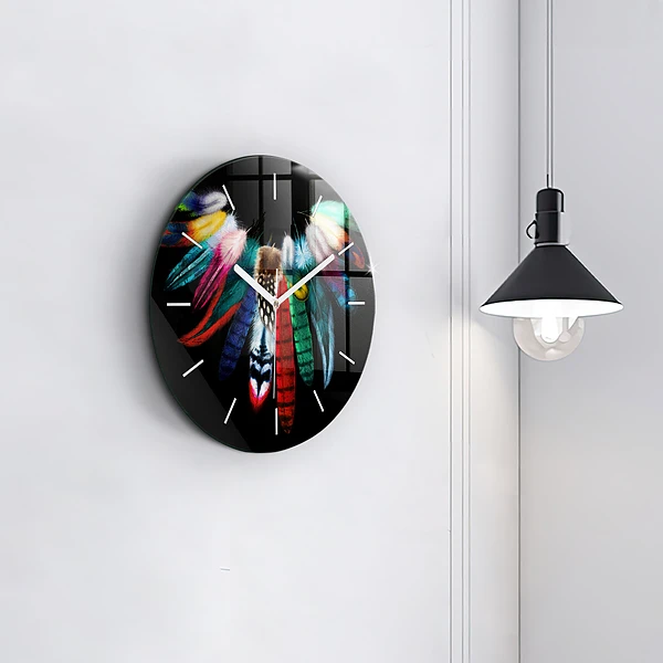 Wanduhr rund Bunte Vogelfedern