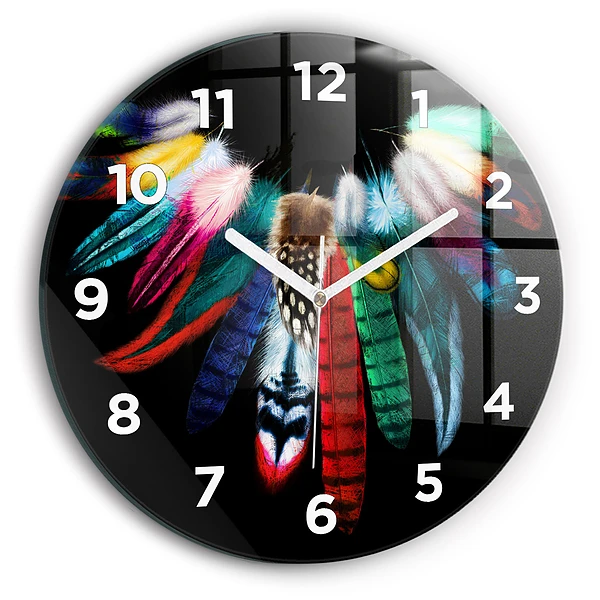 Wanduhr rund Bunte Vogelfedern