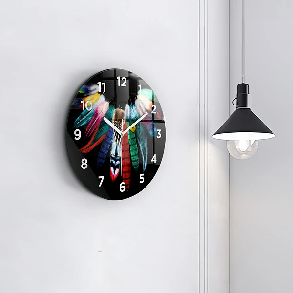Wanduhr rund Bunte Vogelfedern