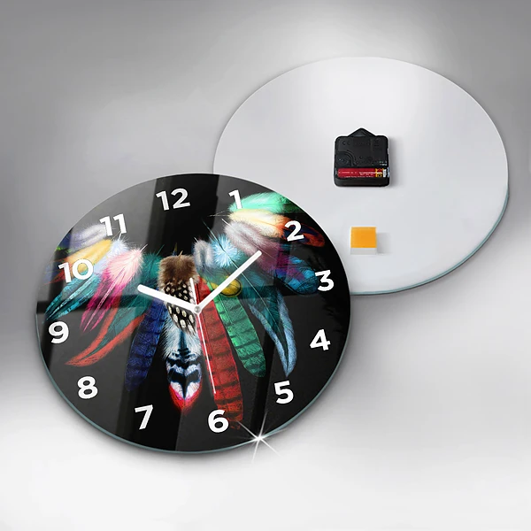 Wanduhr rund Bunte Vogelfedern