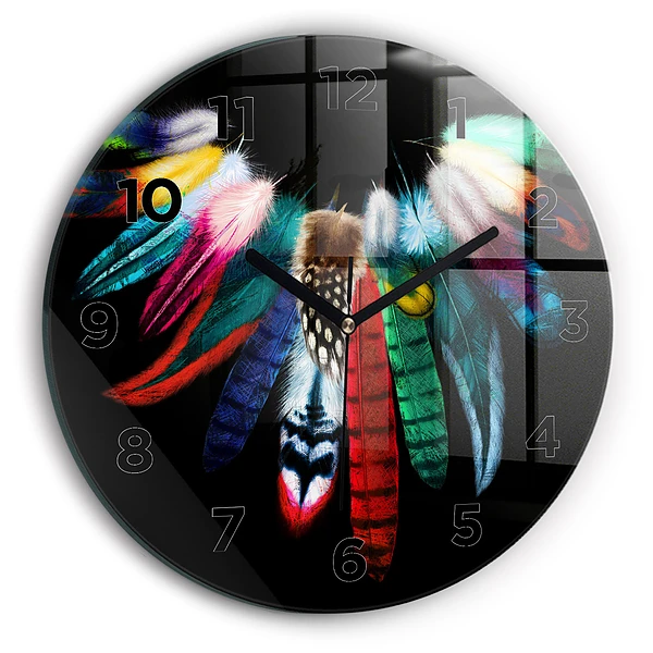 Wanduhr rund Bunte Vogelfedern
