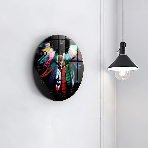 Wanduhr rund Bunte Vogelfedern