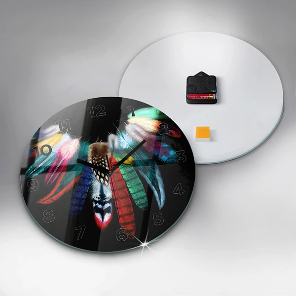 Wanduhr rund Bunte Vogelfedern