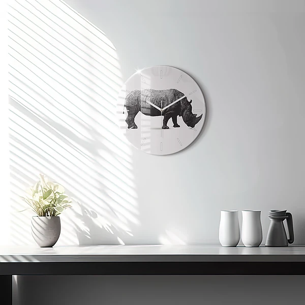 Wanduhr glas rund Rhinozeros Linienkunst