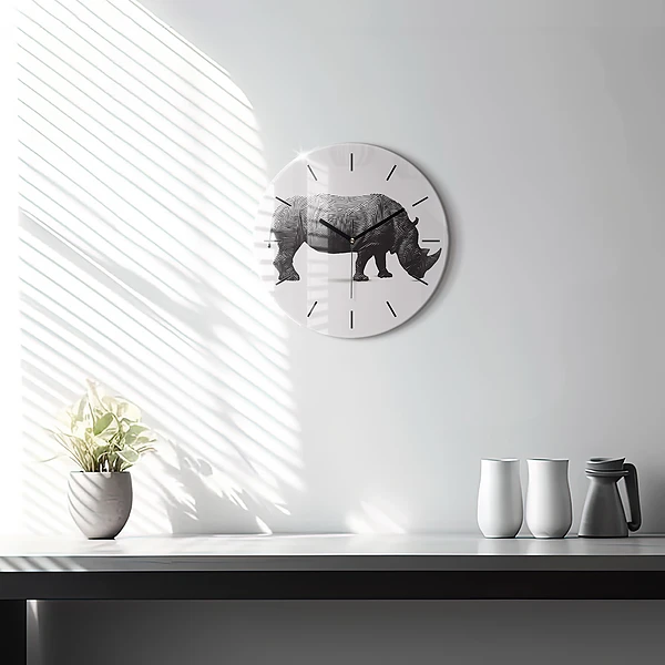 Wanduhr glas rund Rhinozeros Linienkunst