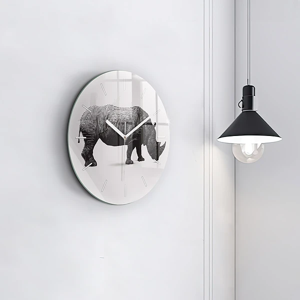 Wanduhr glas rund Rhinozeros Linienkunst
