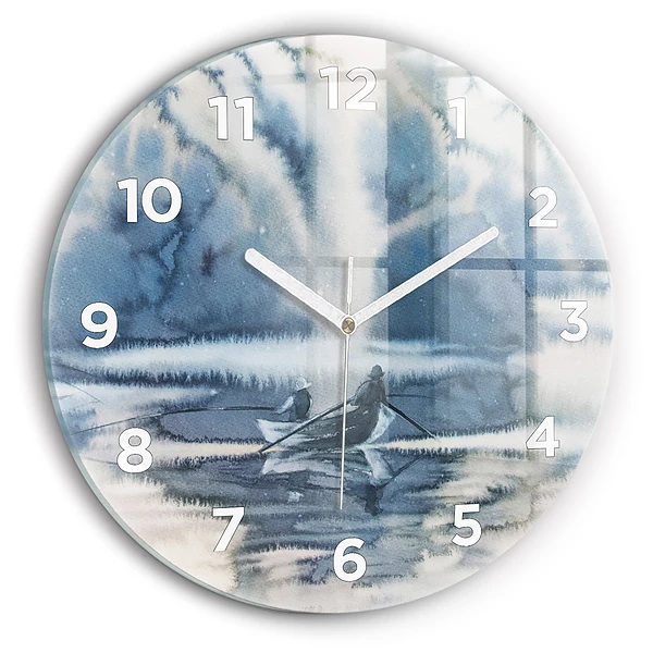 Wanduhr glas rund Fischer auf einem See
