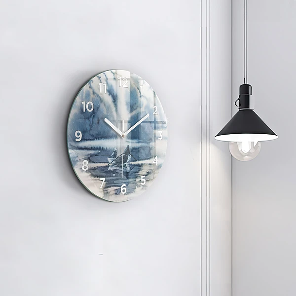 Wanduhr glas rund Fischer auf einem See