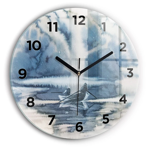 Wanduhr glas rund Fischer auf einem See