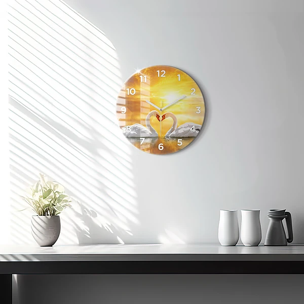 Wanduhr rund mit motiv Verliebte Schwäne