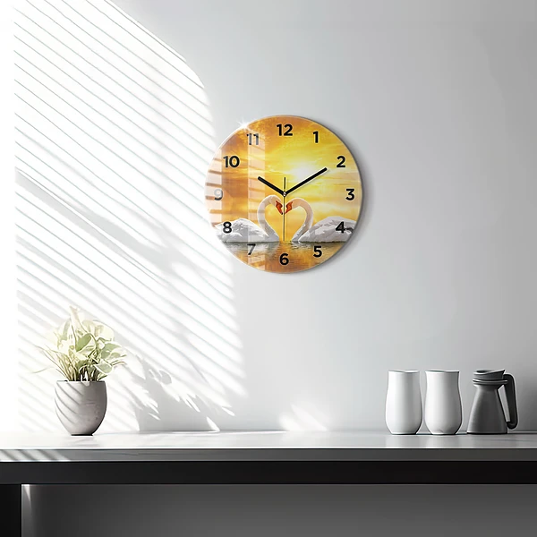 Wanduhr rund mit motiv Verliebte Schwäne