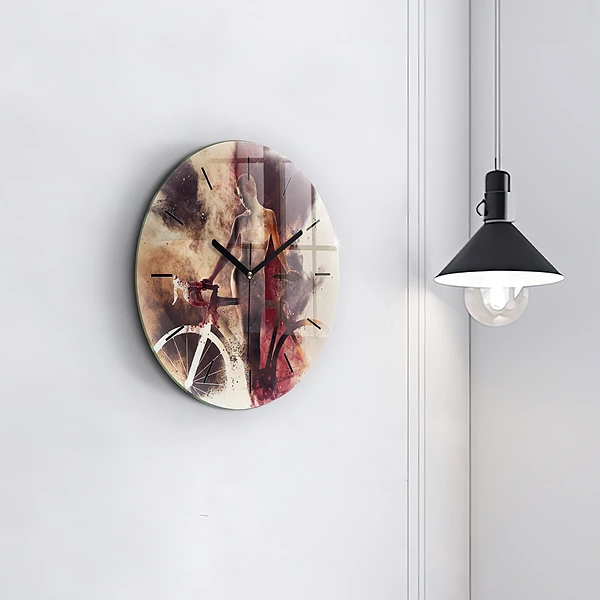 Wanduhr rund mit motiv Frau und Fahrrad