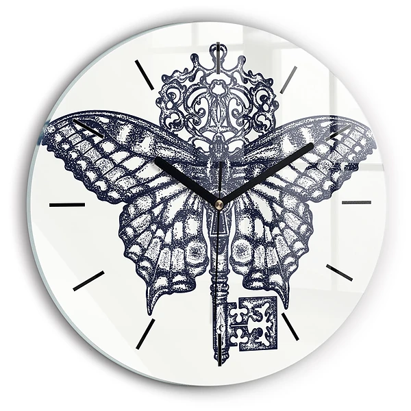 Wanduhr rund Schmetterling und Schlüssel - Boho-Stil