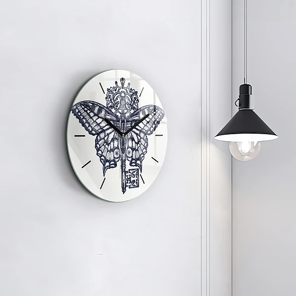 Wanduhr rund Schmetterling und Schlüssel - Boho-Stil