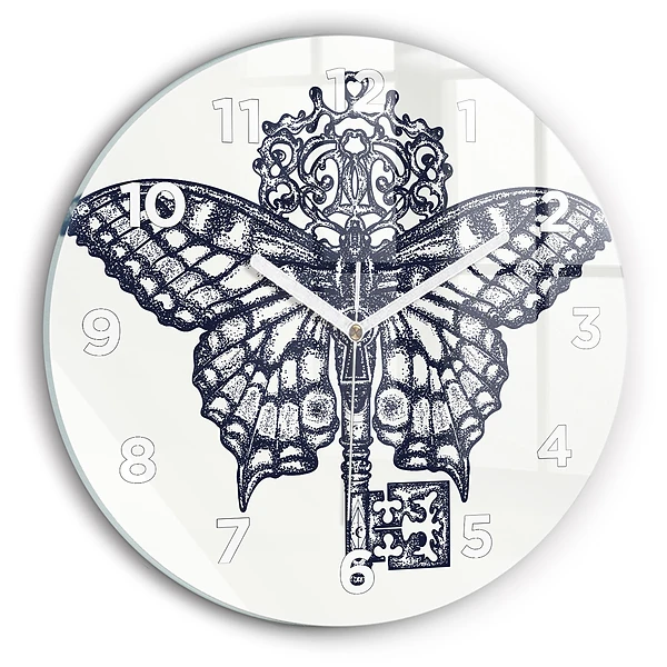 Wanduhr rund Schmetterling und Schlüssel - Boho-Stil