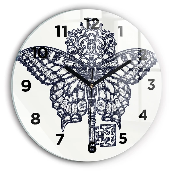 Wanduhr rund Schmetterling und Schlüssel - Boho-Stil