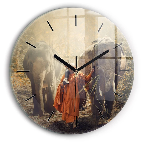 Wanduhr rund mit motiv Mönch führt Elefanten