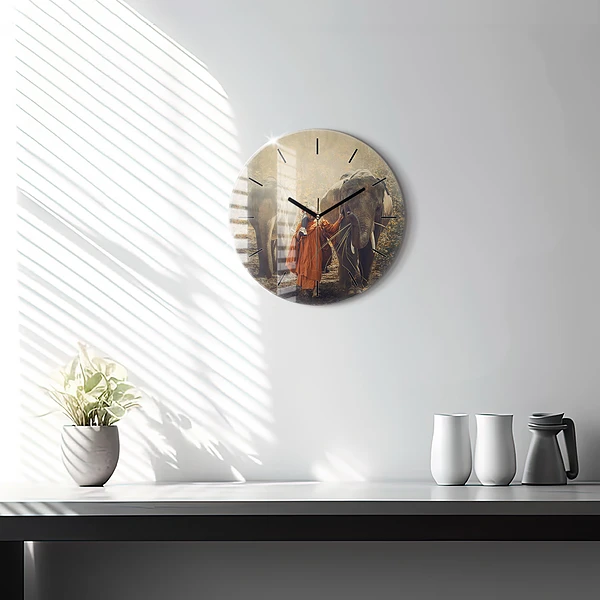 Wanduhr rund mit motiv Mönch führt Elefanten
