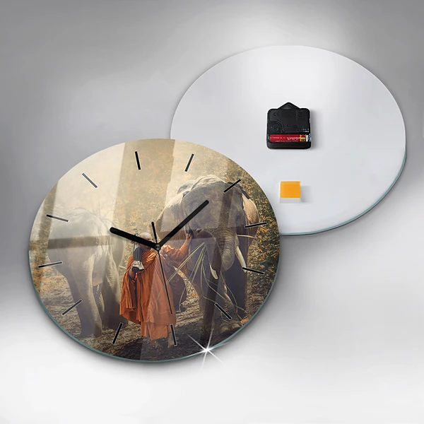 Wanduhr rund mit motiv Mönch führt Elefanten