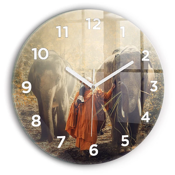 Wanduhr rund mit motiv Mönch führt Elefanten