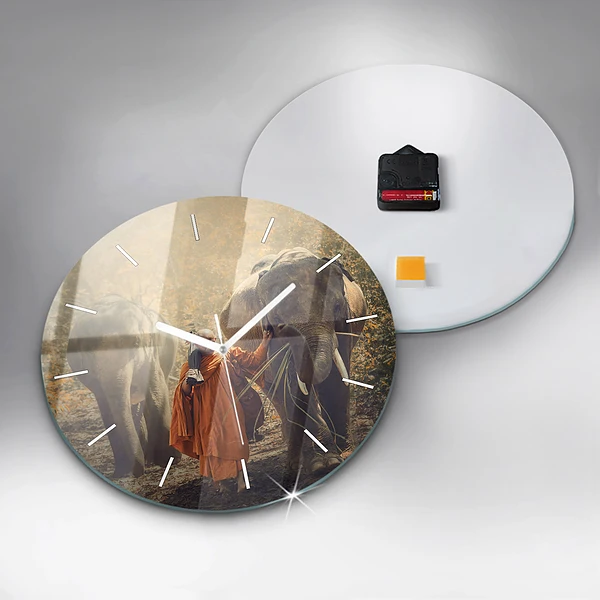 Wanduhr rund mit motiv Mönch führt Elefanten