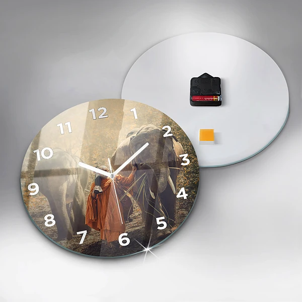 Wanduhr rund mit motiv Mönch führt Elefanten