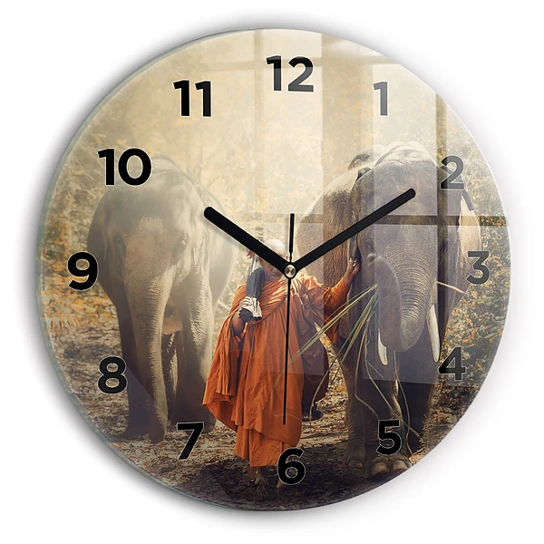 Wanduhr rund mit motiv Mönch führt Elefanten