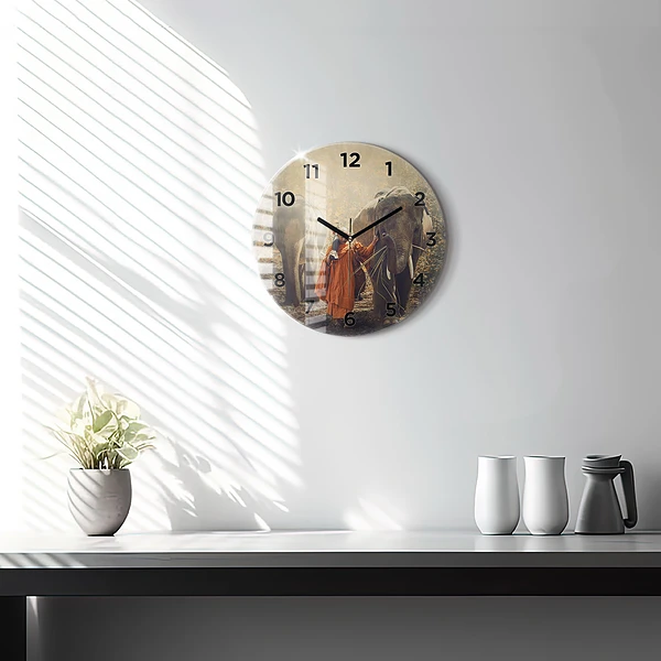 Wanduhr rund mit motiv Mönch führt Elefanten