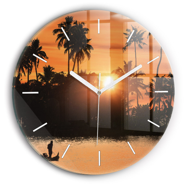 Wanduhr glas rund Sonnenuntergang Palmen Urlaub
