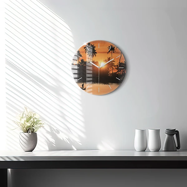Wanduhr glas rund Sonnenuntergang Palmen Urlaub