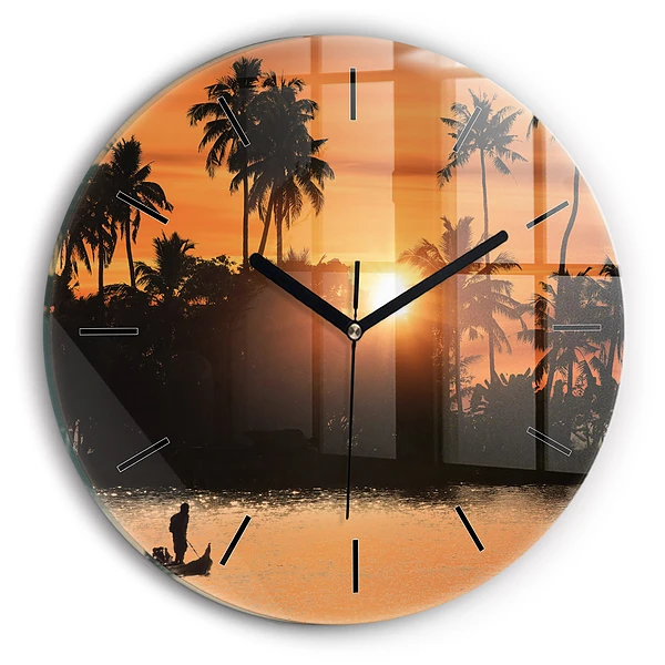 Wanduhr glas rund Sonnenuntergang Palmen Urlaub