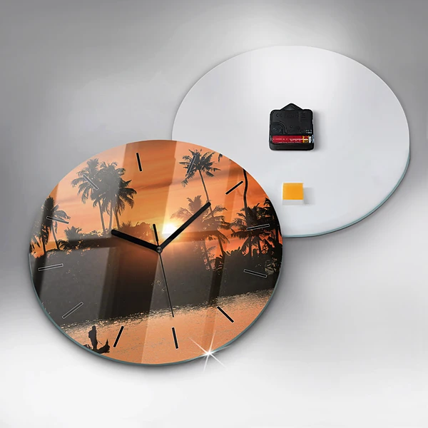 Wanduhr glas rund Sonnenuntergang Palmen Urlaub